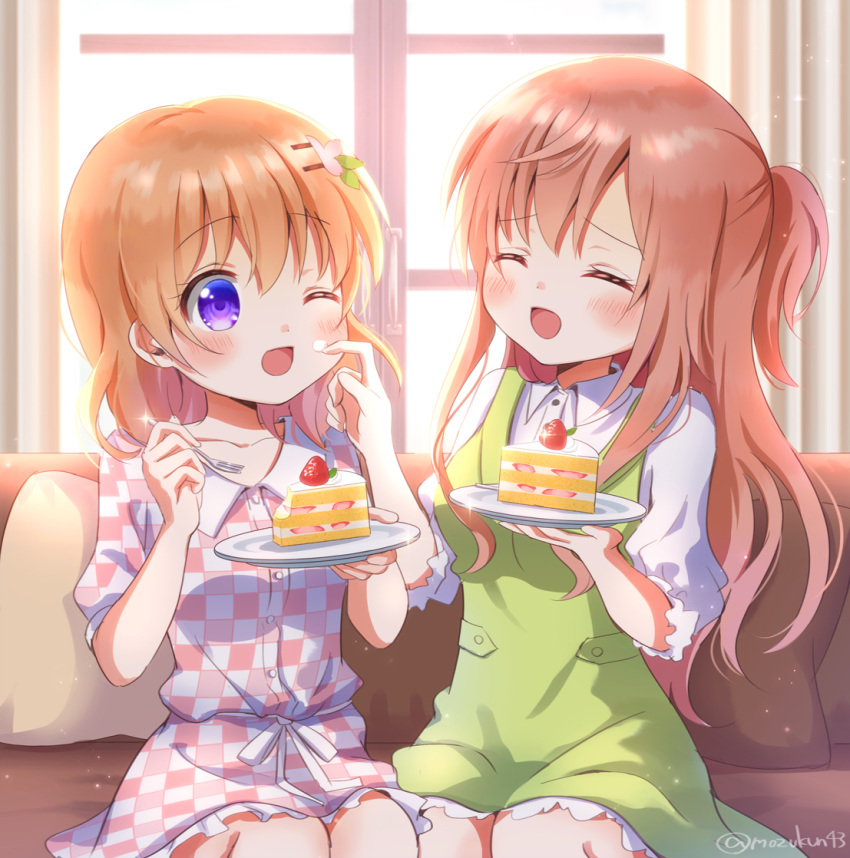 2girls :d ;d ^_^ apron artist_name blush breasts brown_hair cake cake_slice closed_eyes collarbone collared_shirt commentary_request couch food fork gochuumon_wa_usagi_desu_ka? green_apron hair_ornament hairclip holding holding_fork holding_plate hoto_cocoa hoto_mocha long_hair medium_breasts mozukun43 multiple_girls one_eye_closed open_mouth plate purple_eyes red_hair shirt short_hair short_sleeves siblings sisters sitting small_breasts smile twitter_username white_shirt window