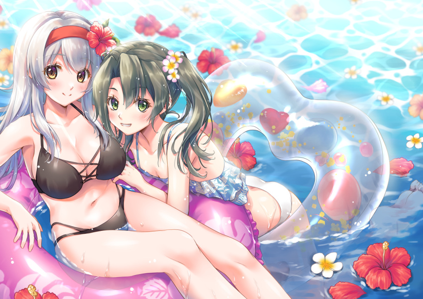 2girls alternate_costume bare_arms bare_legs bare_shoulders bikini black_bikini blue_bikini blush breasts brown_eyes cleavage closed_mouth collarbone comiket_102 commentary_request flower green_eyes green_hair grey_hair grin hair_between_eyes hair_flower hair_ornament halterneck headband heart-shaped_innertube hibiscus innertube kantai_collection large_breasts long_hair looking_at_viewer minakami_nagara multiple_girls navel ocean on_innertube outdoors partially_submerged pink_flower pink_innertube red_flower red_headband shoukaku_(kancolle) small_breasts smile swim_ring swimsuit transparent_innertube twintails two-tone_bikini water wet white_bikini yellow_eyes zuikaku_(kancolle)