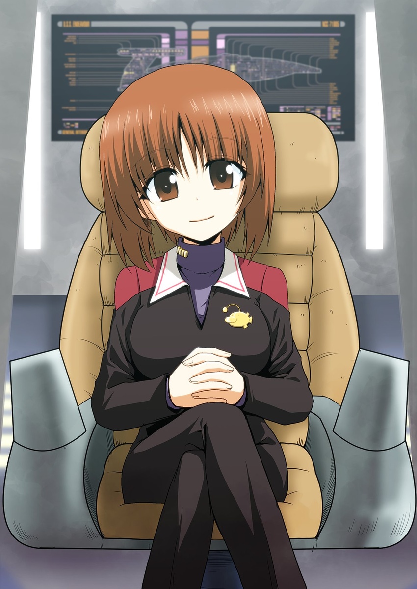 adapted_costume alternate_costume anglerfish black_jumpsuit blurry blurry_background brown_eyes brown_hair chair closed_mouth commentary_request cosplay crossed_legs female fish girls_und_panzer highres indoors insignia interlocked_fingers jumpsuit kamishima_kanon lcars looking_at_viewer nishizumi_miho on_chair ooarai_military_uniform own_hands_together partial_commentary short_hair sitting smile solo star_trek starfleet_uniform