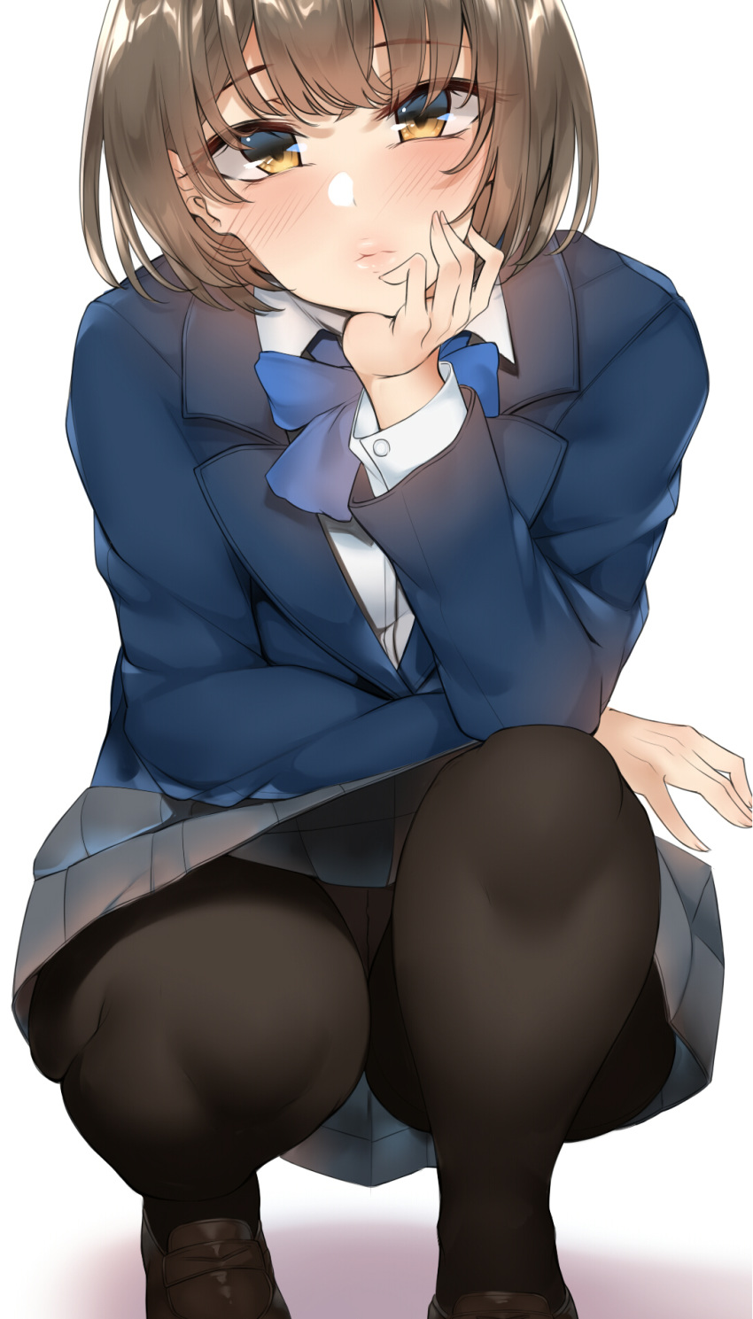 bababababan blazer blue_jacket blue_ribbon bow brown_eyes brown_hair commentary female grey_skirt head_rest highres jacket neck_ribbon original panties panties_under_pantyhose pantyhose ribbon school_uniform short_hair skirt solo squatting underwear upskirt white_background