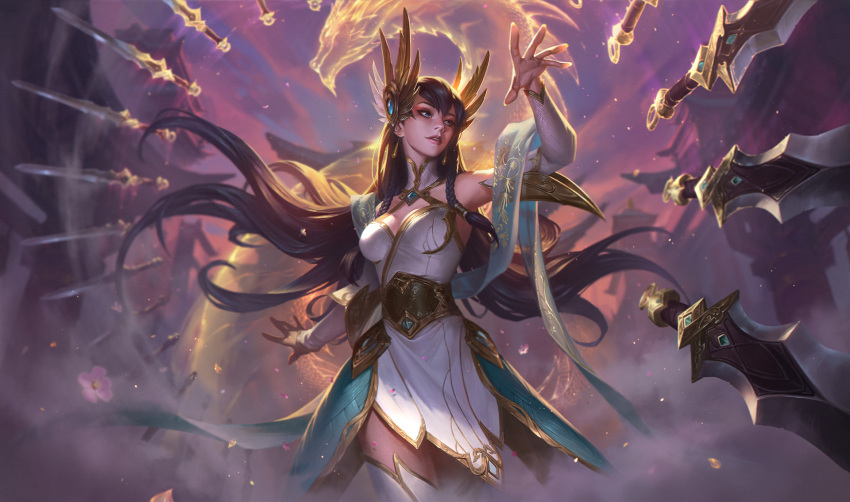 alternate_costume armor armored_dress armpits bare_shoulders blue_eyes breasts brown_hair building chenbo cleavage cloud collarbone detached_sleeves divine_sword_irelia dragon dress earrings eastern_dragon english_commentary eyeshadow female floating_hair flower hair_between_eyes hair_ornament highres house incoming_attack irelia jewelry league_of_legends light long_hair looking_to_the_side lotus makeup medium_breasts multiple_swords official_alternate_costume official_art outdoors outstretched_arm petals pink_flower pink_lips sky smile solo standing sword thighhighs weapon white_dress white_sleeves white_thighhighs