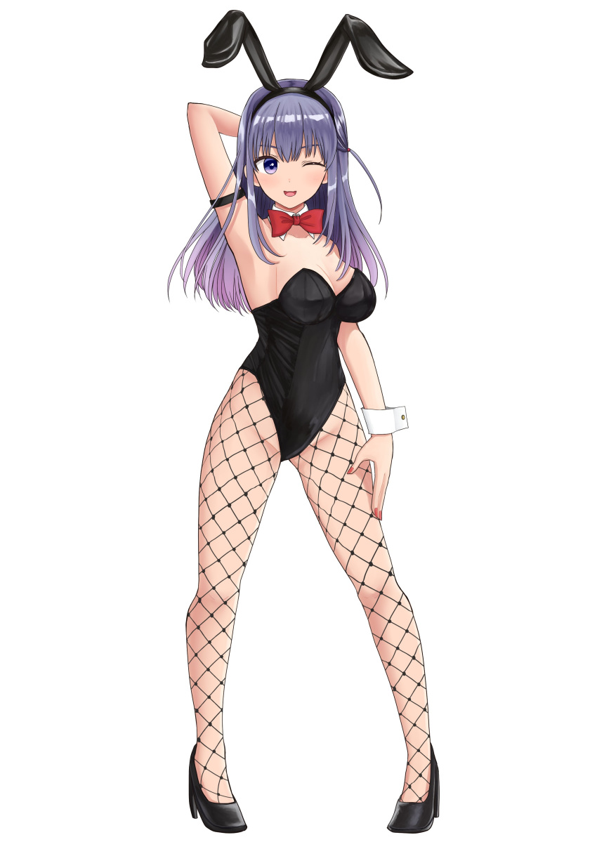 :d absurdres animal_ears arm_behind_head arm_up armlet black_footwear black_leotard blush bow bowtie breasts bunny_day cleavage detached_collar dot_nose fake_animal_ears female fishnet_pantyhose fishnets gradient_hair hand_on_own_leg high_heels highleg highleg_leotard highres idoly_pride large_breasts legs_apart leotard long_bangs long_hair momori_mitsuba multicolored_hair nagase_mana nail_polish one_eye_closed one_side_up open_mouth pantyhose pink_hair playboy_bunny purple_hair rabbit_ears raised_eyebrows red_bow red_bowtie red_nails simple_background smile solo straight_hair strapless strapless_leotard thighs traditional_bowtie white_background white_wrist_cuffs wrist_cuffs