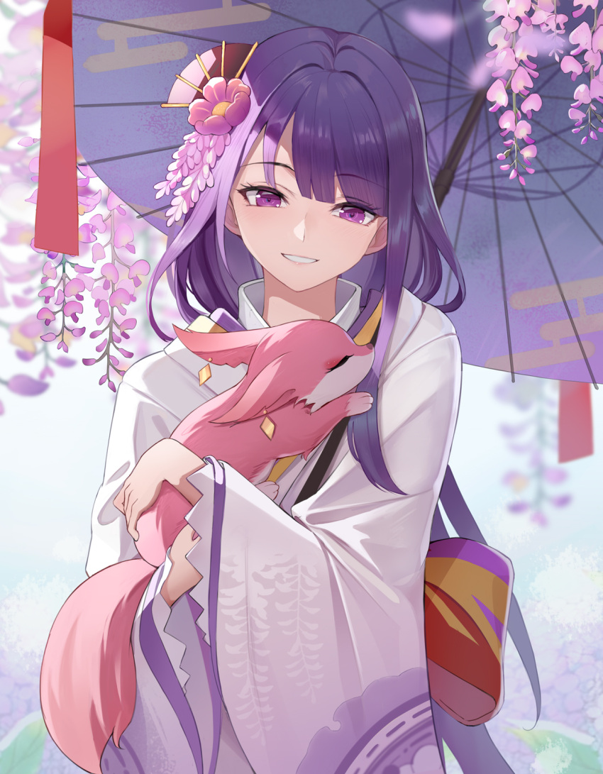 amco animal female flower fox genshin_impact gradient_kimono hair_flower hair_ornament highres holding holding_animal japanese_clothes kimono long_hair looking_at_another makoto_(genshin_impact) multicolored_clothes multicolored_kimono oil-paper_umbrella parted_lips purple_eyes purple_hair purple_kimono smile umbrella white_kimono wide_sleeves yae_miko yae_miko_(fox)