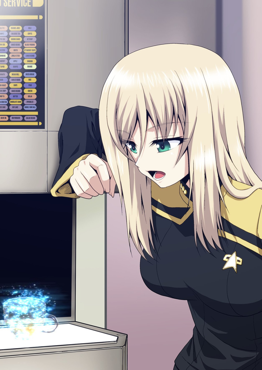 alternate_costume arm_up black_jumpsuit blonde_hair blue_eyes commentary commission cosplay earl_grey_(girls_und_panzer) female girls_und_panzer highres indoors insignia jumpsuit kamishima_kanon lcars leaning_forward light_particles long_hair long_sleeves open_mouth skeb_commission solo standing star_trek starfleet_uniform