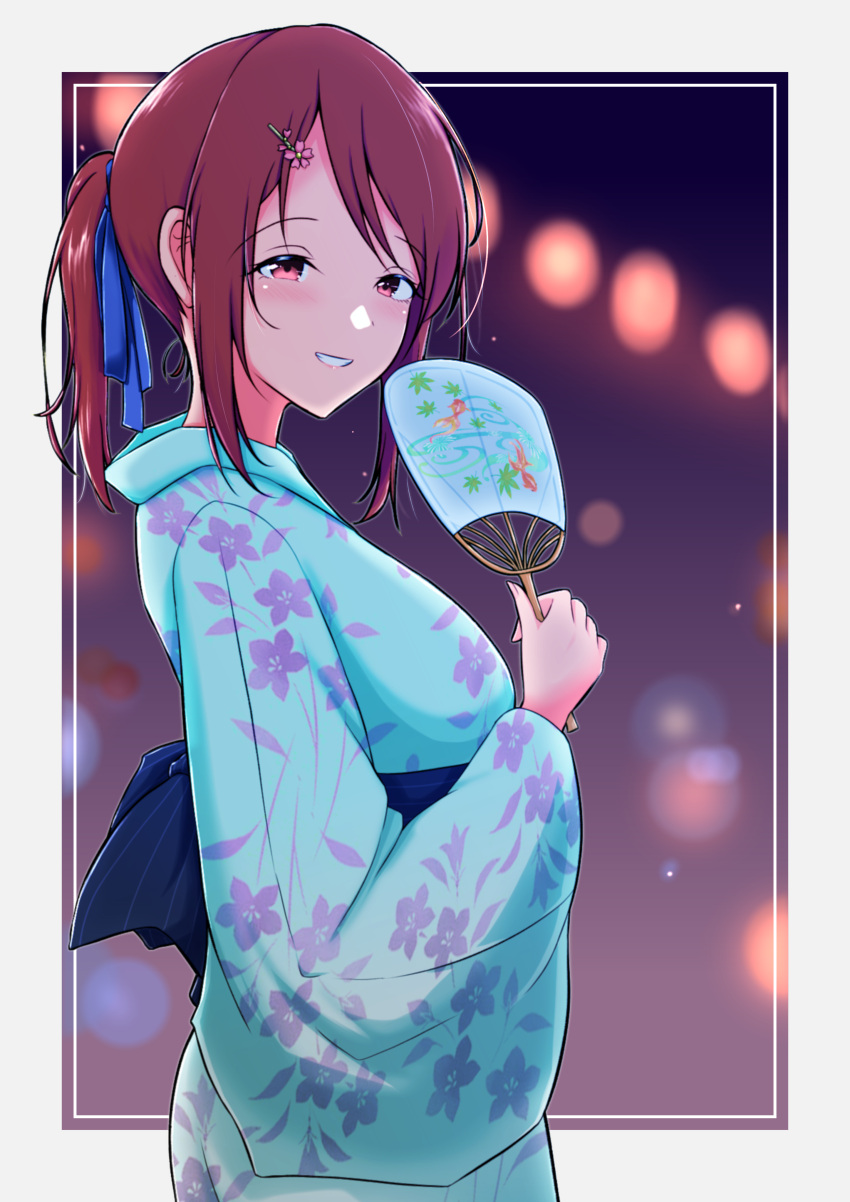 absurdres blue_kimono blue_ribbon blush border brown_eyes brown_hair commentary_request female floral_print grey_border grin hair_ribbon hand_fan highres holding holding_fan idolmaster idolmaster_cinderella_girls japanese_clothes kimono looking_at_viewer mifune_miyu motodouryou print_kimono ribbon short_ponytail smile solo yukata