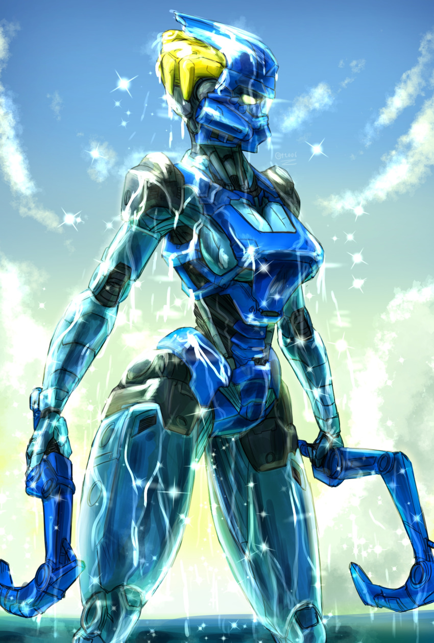 bionicle breasts cleavage dual_wielding female gali_(bionicle) glowing glowing_eye highres holding holding_weapon hook humanoid_robot kanohi_(bionicle) looking_to_the_side medium_breasts oberon826 redesign robot sky solo sparkle the_lego_group weapon wet yellow_eyes