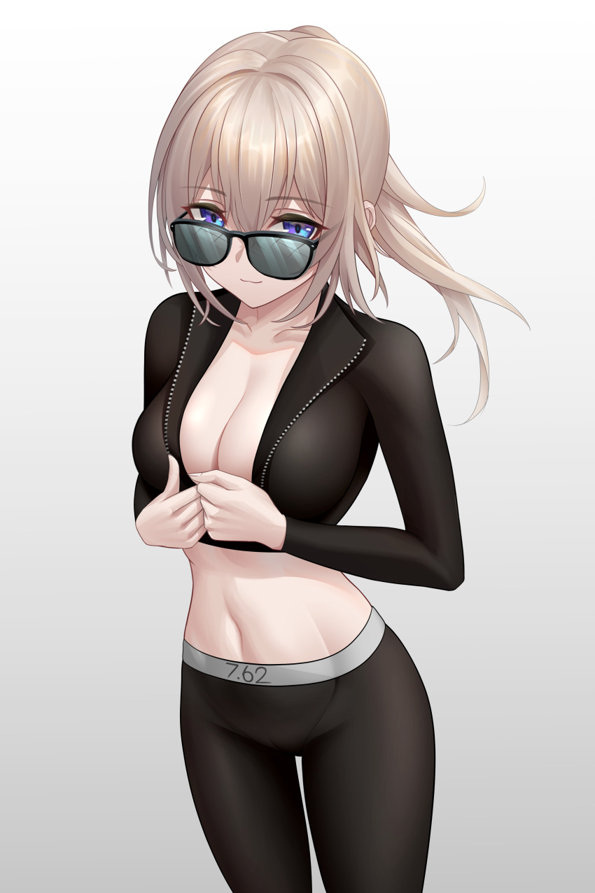 absurdres alternate_costume black_jacket black_leggings black_pants blonde_hair blue_eyes breasts cleavage closed_mouth collarbone commentary constantine-xii cropped_jacket feet_out_of_frame female girls'_frontline hands_on_own_chest highres jacket leggings long_hair long_sleeves looking_at_viewer looking_over_eyewear medium_breasts navel pants scar-h_(girls'_frontline) short_ponytail smile solo sportswear standing stomach sunglasses tinted_eyewear track_jacket white_background yoga_pants