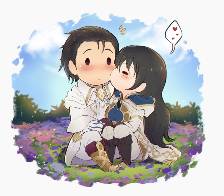 1boy alternate_costume black_eyes black_hair blush chibi closed_eyes closed_mouth couple evomanaphy female fire_emblem fire_emblem:_thracia_776 fire_emblem_heroes flower heart highres holding_hands kiran_(female)_(fire_emblem) kiran_(fire_emblem) kissing kissing_cheek long_hair original reinhardt_(fire_emblem) reinhardt_(resplendent)_(fire_emblem) scenery speech_bubble straight