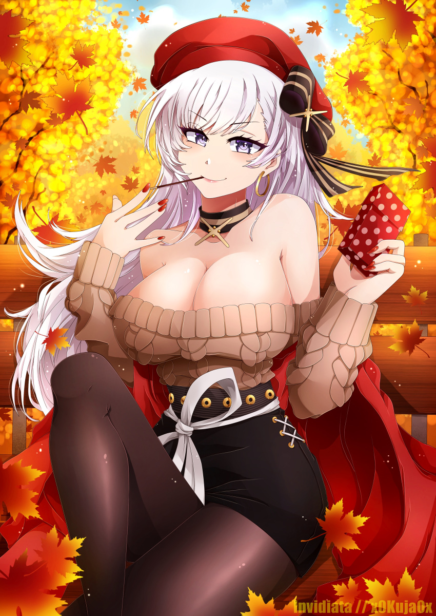 absurdres aran_sweater autumn_leaves azur_lane bare_shoulders belfast_(azur_lane) belfast_(shopping_with_the_head_maid)_(azur_lane) beret black_bow black_choker black_skirt blue_sky bow breasts brown_pantyhose brown_sweater cable_knit choker cleavage commentary day earrings female food food_in_mouth grey_eyes hairbow hands_up hat highres holding hoop_earrings invidiata jewelry knee_up long_hair long_sleeves looking_at_viewer mouth_hold nail_polish off-shoulder_sweater off_shoulder official_alternate_costume outdoors pantyhose pencil_skirt pocky red_hat red_nails skirt sky smile solo sweater thighs white_hair