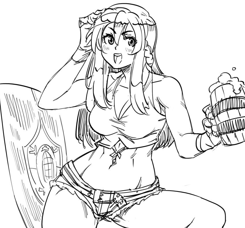 :d bad_id bare_shoulders bb_(baalbuddy) beer_mug blush braid breasts cleavage crop_top cup female gloves greyscale hand_up highres holding inactive_account long_hair looking_at_viewer medium_breasts monochrome mug navel open_mouth raquna_sheldon sekaiju_no_meikyuu shield shin_sekaiju_no_meikyuu short_shorts shorts simple_background smile solo tankard white_background