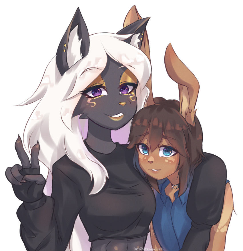 accessory anthro ariel_(kiyosama) black_body black_fur blue_clothing blue_eyes breasts brown_body brown_fur brown_hair choker cleavage clothed clothing crop_top digital_drawing_(artwork) digital_media_(artwork) domestic_cat duo ear_piercing felid feline felis female femboy fur gold_makeup grey_body grey_fur hair helenwoodsr hi_res inner_ear_fluff jewelry lagomorph larger_female leporid looking_at_viewer makeup male mammal markings muscular muscular_female necklace piercing purple_eyes rabbit shirt simple_background size_difference small_breasts smaller_male spots spotted_body spotted_fur tomboy topwear tuft under_boob white_hair zahey_(kiyosama)