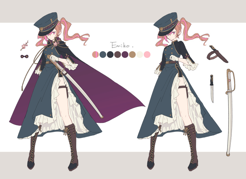 boots brown_hair buttons cape cherry_blossoms closed_mouth commission commissioner_upload double-breasted female hat highres koinu_emiko naozi original pink_eyes reference_sheet solo standing sword thigh_strap twintails weapon