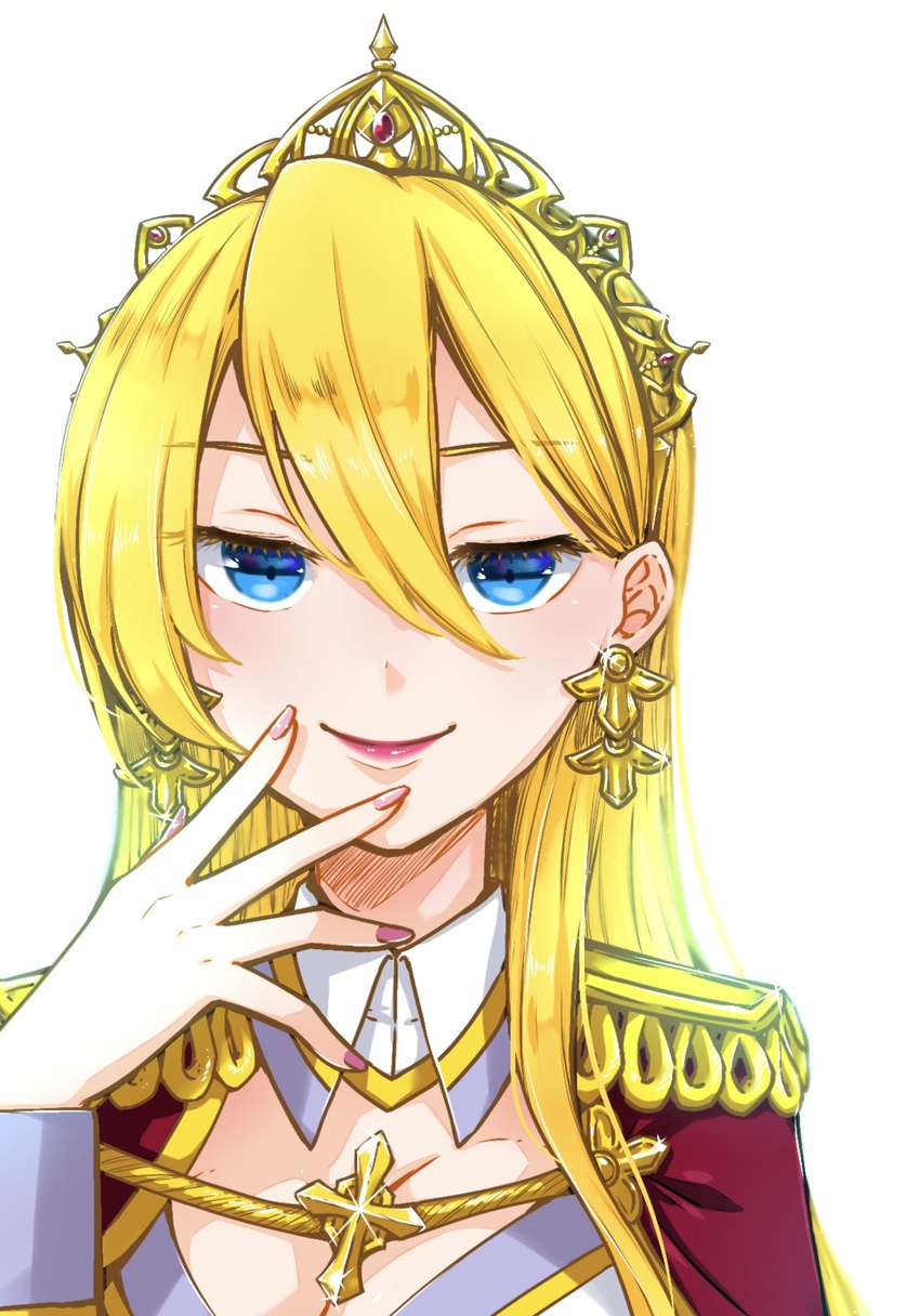 bad_id bad_twitter_id blonde_hair blue_eyes breasts cape cleavage closed_mouth commentary dress epaulettes female genderswap_(mtf) geordo_stuart hair_between_eyes half-closed_eyes hand_to_own_mouth highres ho_ji_chan47 large_breasts long_hair long_sleeves looking_at_viewer otome_game_no_hametsu_flag_shika_nai_akuyaku_reijou_ni_tensei_shite_shimatta portrait red_cape rule_63 simple_background smile solo sparkle tiara white_background white_dress yellow_headwear