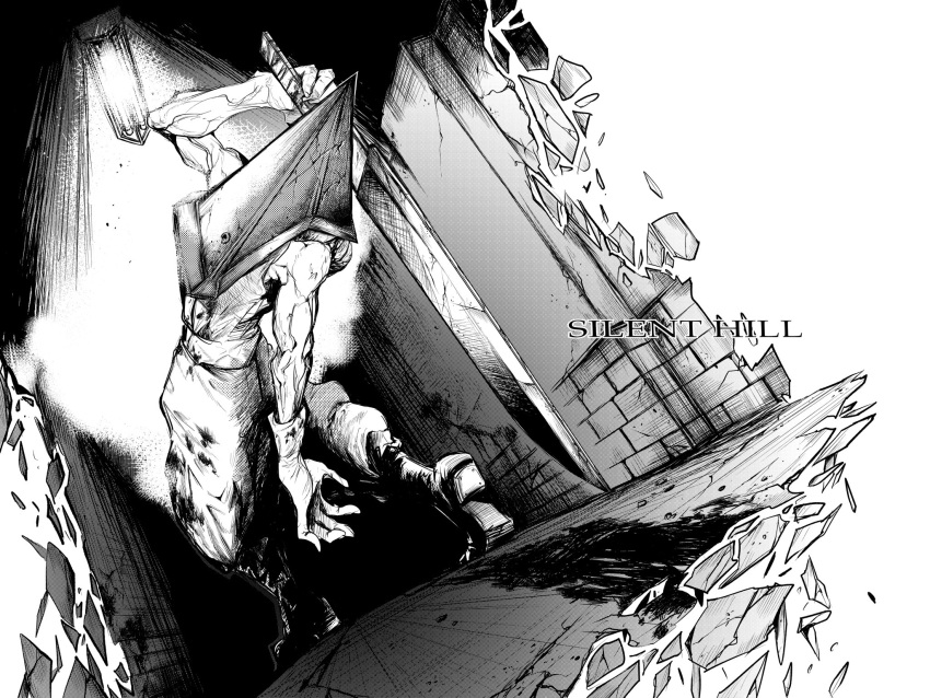 1boy copyright_name gloves great_knife greyscale helmet highres holding holding_weapon male_focus monochrome nomomono_eraser pants pose pyramid_head shadow silent_hill_(series) silent_hill_2 solo standing toned toned_male weapon