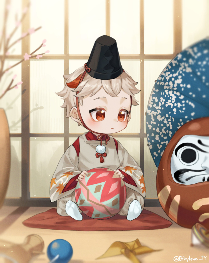 1boy aged_down ball black_hat daruma_doll ethylene_ty genshin_impact hat highres holding holding_ball japanese_clothes kaedehara_kazuha kariginu kimono leaf_print long_sleeves looking_to_the_side male_focus multicolored_hair parted_lips red_eyes red_hair red_kimono short_hair sitting socks solo streaked_hair tate_eboshi white_hair white_socks wide_sleeves