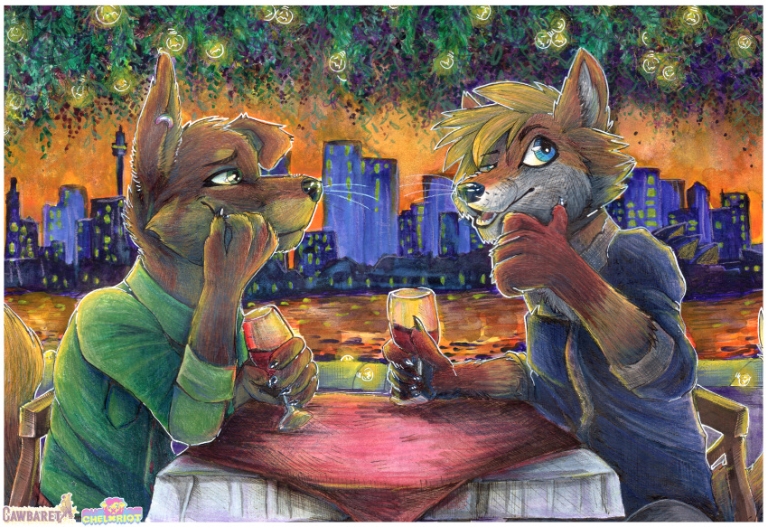 absurd_res alcohol anthro australian_kelpie beverage canid canine canis cawbaret city container cup date domestic_dog drinking_glass duo fox glass glass_container glass_cup herding_dog hi_res male mammal outside pastoral_dog restaurant romantic sheepdog skyline wine wine_glass