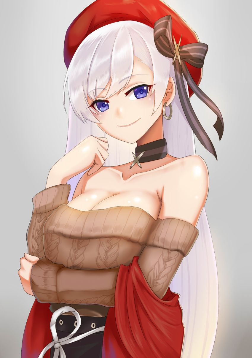 absurdres aran_sweater azur_lane bare_shoulders belfast_(azur_lane) belfast_(shopping_with_the_head_maid)_(azur_lane) beret black_bow black_choker bow breasts brown_sweater cable_knit choker cleavage collarbone commentary der_zweite earrings female grey_background hairbow hand_up hat highres hoop_earrings jewelry large_breasts long_hair long_sleeves looking_at_viewer off-shoulder_sweater off_shoulder official_alternate_costume purple_eyes red_hat smile solo sweater upper_body very_long_hair white_hair