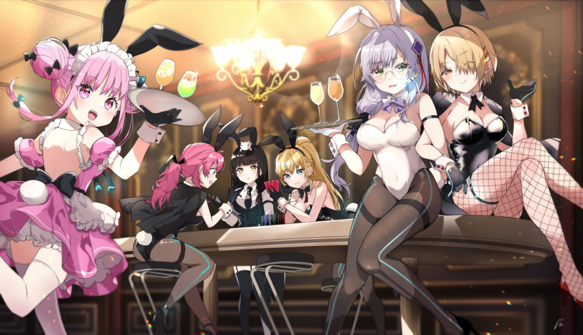 aikawa_megumi animal_ears asakura_karen_(heaven_burns_red) bare_shoulders black_hair black_leotard black_pantyhose blonde_hair braid breasts card casino casino_card_table detached_collar double_bun fake_animal_ears fishnet_pantyhose fishnets french_braid green_eyes grey_hair hair_bun hair_ornament hair_over_one_eye hair_over_shoulder heaven_burns_red highres indoors izumi_yuki_(heaven_burns_red) k_i49 kayamori_ruka kunimi_tama large_breasts leotard long_hair low-tied_long_hair pantyhose pink_eyes pink_hair playboy_bunny playing_card poker_chip ponytail rabbit_ears rabbit_tail red_eyes round_eyewear short_hair strapless strapless_leotard table tail team_31a_(heaven_burns_red) toujou_tsukasa white_leotard wrist_cuffs yellow_eyes