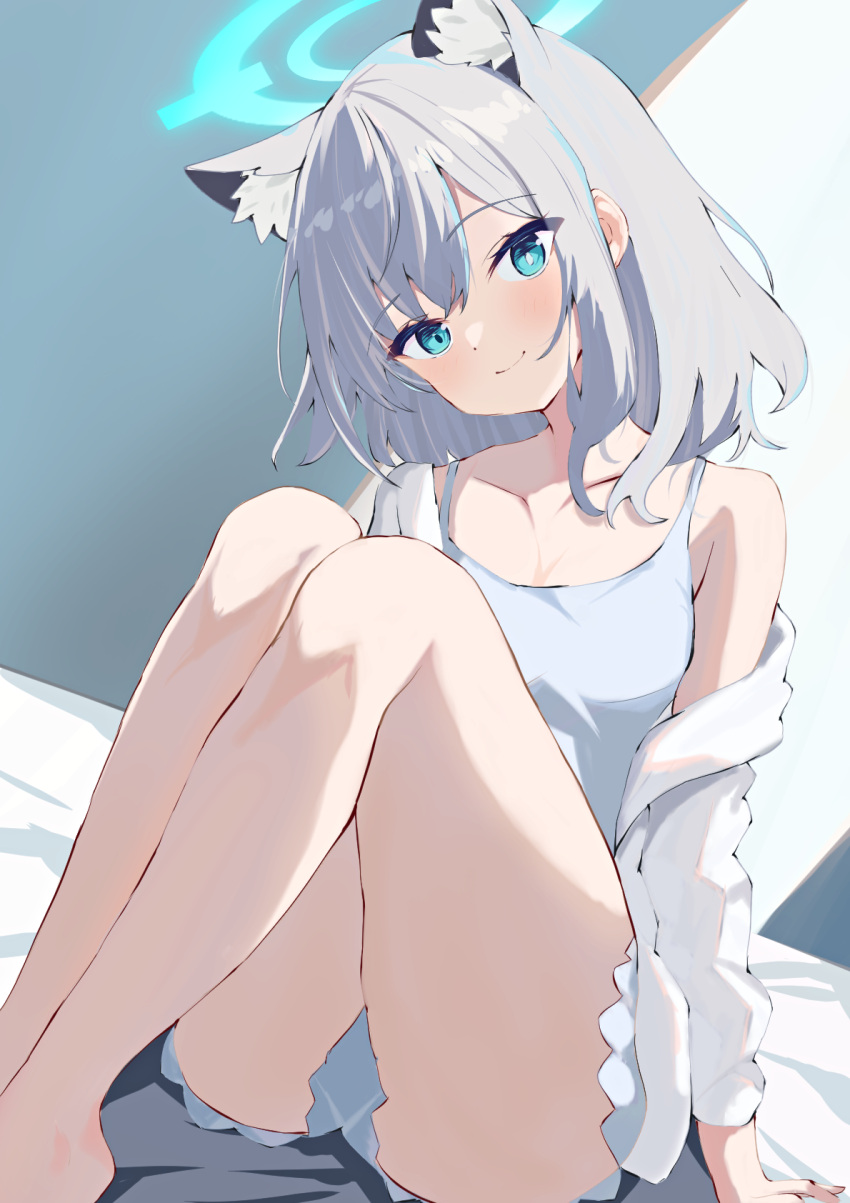 animal_ear_fluff animal_ears aqua_eyes arm_support bare_legs barefoot bed_sheet blue_archive blush breasts camisole collarbone extra_ears female grey_camisole grey_hair halo head_tilt highres knees_up legs legs_together looking_at_viewer mismatched_pupils natsuki_(natsu_1936) shiroko_(blue_archive) shirt single_bare_shoulder sitting small_breasts smile solo white_shirt wolf_ears