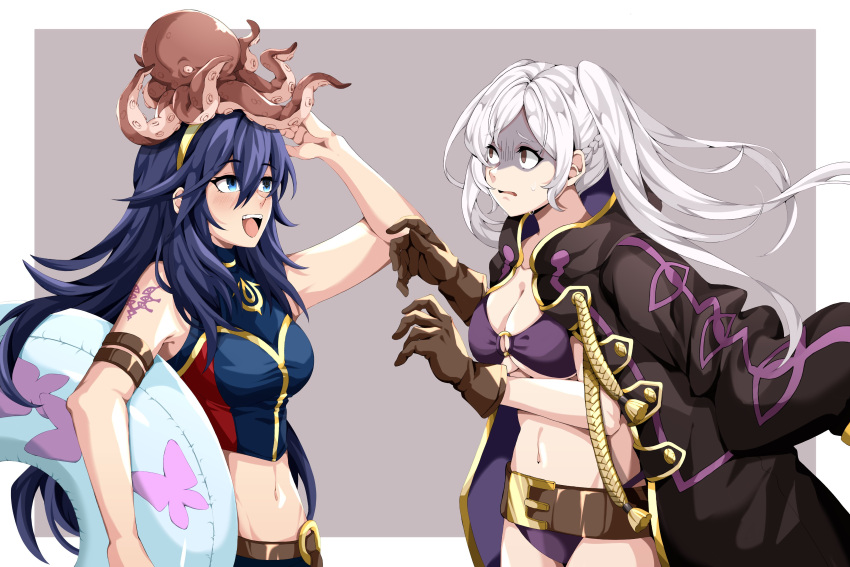 2girls absurdres alternate_breast_size bikini blue_bikini blue_eyes blue_hair blush brand_of_the_exalt breasts brown_eyes brown_gloves cleavage coat coat_on_shoulders crop_top eyes_of_grima fire_emblem fire_emblem_awakening fire_emblem_cipher fire_emblem_heroes gloves hair_between_eyes highres holding holding_swim_ring innertube large_breasts long_hair lucina_(fire_emblem) midriff mother_and_daughter multiple_girls navel octopus official_alternate_costume open_mouth purple_bikini robin_(female)_(fire_emblem) robin_(female)_(summer)_(fire_emblem) robin_(fire_emblem) second-party_source shaded_face swim_ring swimsuit symbol_in_eye teeth tiara twintails upper_body upper_teeth_only villager_c white_hair