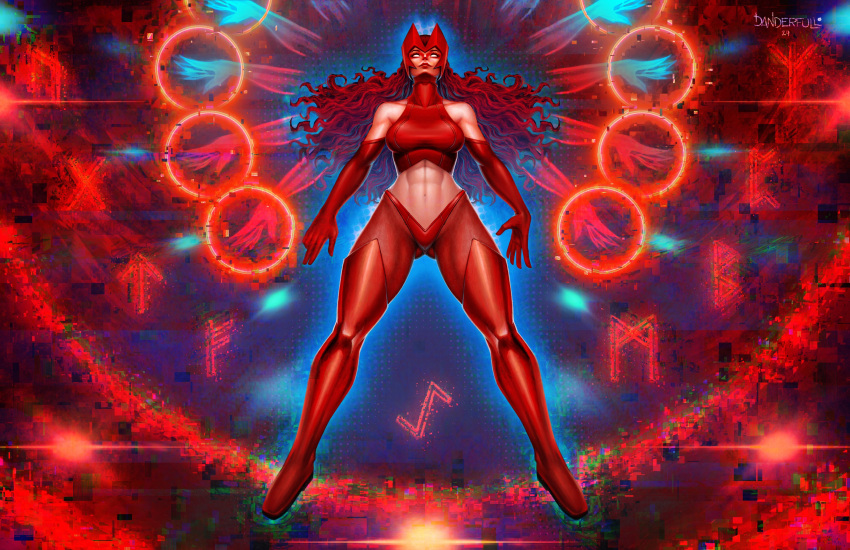 absurdres artist_name ass_visible_through_thighs bare_shoulders ben-day_dots blank_eyes blue_aura blue_light boots breasts collared_shirt commentary crossover danderfull dated elbow_gloves english_commentary extra_arms female fishnet_pantyhose fishnets fusion glitch gloves high_collar highres lens_flare long_hair magic marvel metroid midriff navel panties pantyhose red_aura red_footwear red_gloves red_hair red_light red_panties red_pantyhose runes samus_aran scarlet_witch screentones shirt signature solo superhero_costume thigh_boots twitter_username underwear variant_set wanda_maximoff white_eyes