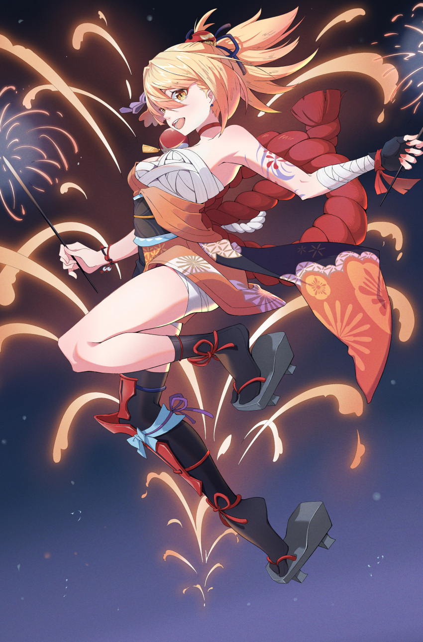 :d absurdres arm_tattoo asymmetrical_legwear black_gloves black_thighhighs breasts female fingerless_gloves floral_print_kimono full_body genshin_impact geta gloves highres holding holding_fireworks japanese_clothes kimono medium_breasts mismatched_legwear night night_sky obi open_mouth orange_eyes orange_hair orange_kimono outdoors sandals sarashi sash sky smile solo ssssolagu tattoo teeth thighhighs upper_teeth_only yoimiya_(genshin_impact)