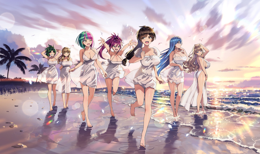 6+girls absurdres arms_behind_head arms_up ayato_utae bare_arms bare_shoulders barefoot beach blonde_hair blue_eyes breasts brown_eyes brown_hair cleavage closed_eyes cloud collar dolphin_wave dress green_hair grin hand_on_own_head harunami_anri helly_lewis highres huge_breasts kirahoshi_kanna kurenashi_yuuri large_breasts long_hair mole mole_under_eye multicolored_hair multiple_girls nayuki_hiori official_art one_eye_closed ootomo_takuji open_mouth palm_tree ponytail puffy_short_sleeves puffy_sleeves purple_hair see-through short_hair short_sleeves smile sunset tree two-tone_hair wavy_hair yamaba_yume