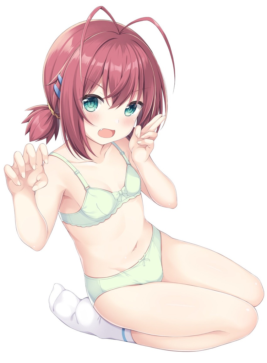 antenna_hair bare_arms bare_shoulders blush bow bow_bra bow_panties bra bra-ban! breasts brown_hair collarbone commentary ebihara_minase female full_body green_bra green_eyes green_panties hair_between_eyes hair_ornament hairclip highres looking_at_viewer low_twintails navel no_shoes oerba_yun_fang open_mouth paid_reward_available panties sakuraba_hikaru_(loveindog) seiza simple_background sitting small_breasts socks solo twintails underwear underwear_only v-shaped_eyebrows white_background white_socks