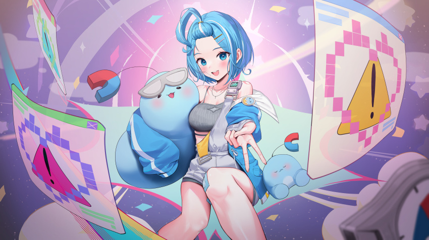 absurdres arahashi_tabi bandaid bandaid_on_knee bandaid_on_leg bangs_pinned_back bare_legs bare_shoulders blue_eyes blue_hair blue_jacket breasts camisole crop_top female grey_shirt grey_shorts gyaru_v highres hugging_doll hugging_object jacket jewelry large_breasts looking_at_viewer midriff necklace off_shoulder open_clothes open_jacket open_mouth outstretched_arm overall_shorts overalls pungdangi_(arahashi_tabi) ribbed_shirt shirt short_hair shorts smile solo somyo_(s0my0) spaghetti_strap stellive v virtual_youtuber