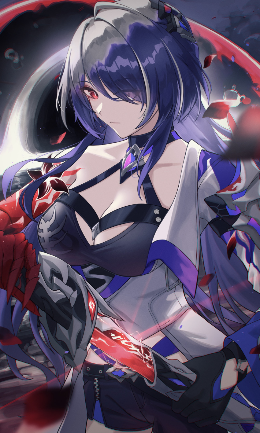 absurdres acheron_(honkai:_star_rail) armor black_choker black_gloves black_hole black_shorts blood blood_from_eyes breasts bright_pupils choker cleavage coat cowboy_shot criss-cross_halter drawing_sword electricity eyes_visible_through_hair falling_petals female gloves hair_ornament hair_over_one_eye hal_aluha halterneck highres holding holding_sword holding_weapon honkai:_star_rail honkai_(series) katana large_breasts looking_at_viewer multicolored_hair petals purple_eyes purple_hair red_eyes scabbard sheath shorts shoulder_armor single_bare_shoulder single_glove solo streaked_hair sword unsheathing water_drop weapon white_coat white_pupils