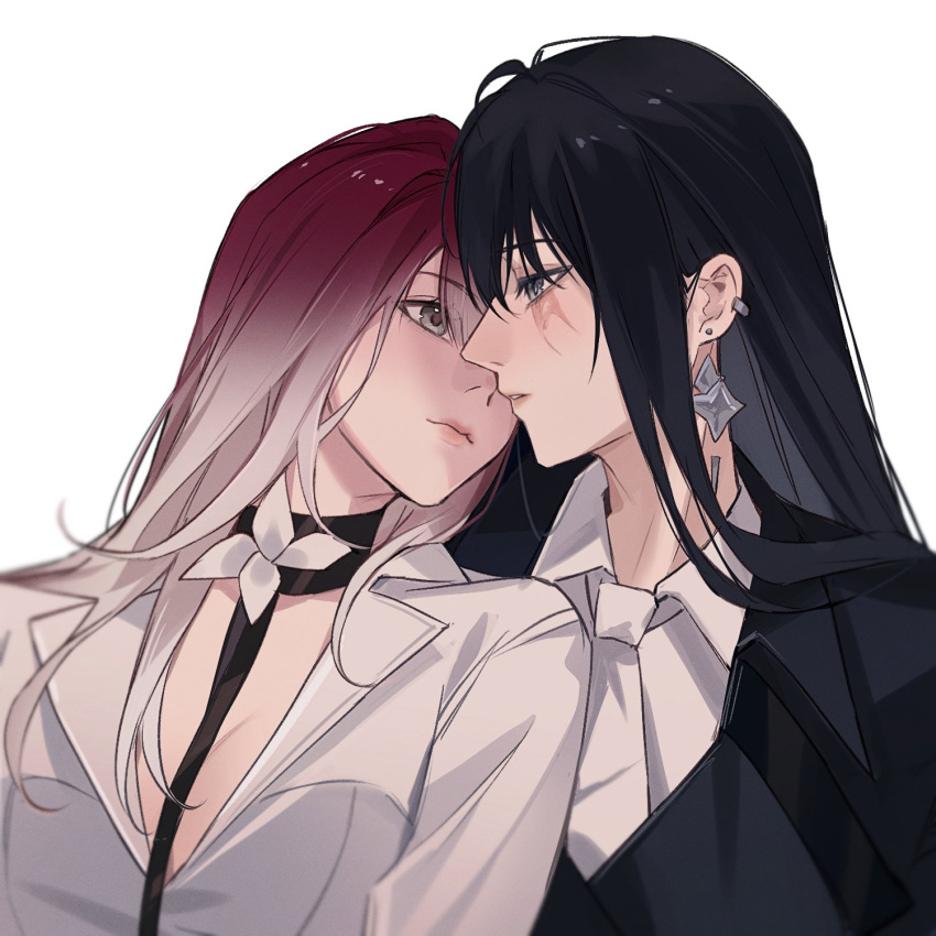 2girls black_choker black_coat black_hair breasts chinese_commentary choker cleavage closed_mouth coat collared_shirt commentary_request earrings flower gradient_hair grey_eyes highres jewelry long_hair miix777 multicolored_hair multiple_girls necktie parted_lips path_to_nowhere rahu_(path_to_nowhere) red_hair scar scar_across_eye shalom_(path_to_nowhere) shirt simple_background smile upper_body white_background white_flower white_hair white_necktie white_shirt yuri