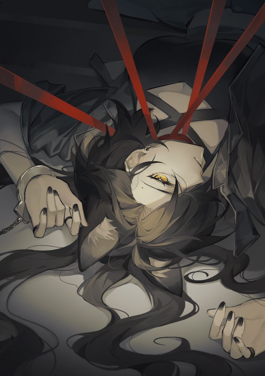 akechi_(826988799) animal_ear_fluff animal_ears arknights arms_up black_nails black_shirt closed_mouth commentary_request cuffs expressionless extra_ears female grey_hair grey_jacket hair_over_one_eye handcuffs highres jacket jewelry long_hair looking_at_viewer lying mole mole_above_eye multiple_rings on_back open_clothes open_jacket orange_eyes penance_(arknights) red_ribbon ribbon ring shirt solo upper_body upside-down wolf_ears wolf_girl