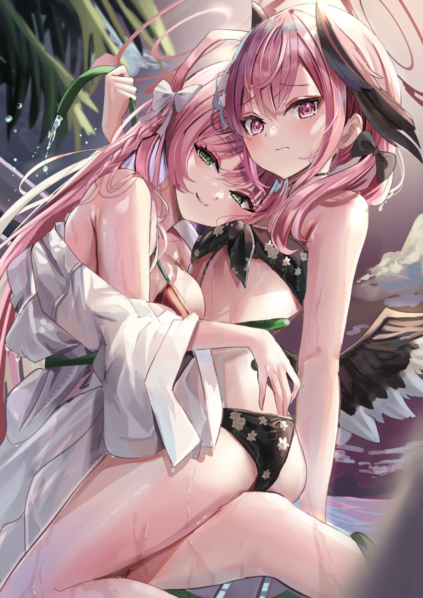 2girls 3: armpit_crease asymmetrical_docking bare_shoulders bikini bikini_under_clothes black_bikini black_bow blue_archive blurry blush bow braid breast_press breasts closed_mouth commentary depth_of_field eyelashes eyes_visible_through_hair feathered_wings feet_out_of_frame floral_print green_eyes hair_between_eyes hair_over_shoulder hairbow half-closed_eyes halo hanako_(blue_archive) hanako_(swimsuit)_(blue_archive) head_wings highres holding holding_hose hose hug kneeling koharu_(blue_archive) koharu_(swimsuit)_(blue_archive) large_breasts long_hair looking_at_viewer medium_hair multiple_girls outdoors oversized_clothes oversized_shirt palm_leaf parted_lips pink_bikini pink_eyes pink_hair pink_halo print_bikini seductive_smile shirt shy sidelighting single_braid sitting sitting_on_lap sitting_on_person small_breasts smile straight_hair suidou_chaahan swimsuit thighs tsurime very_long_hair water water_drop wet white_bow wings