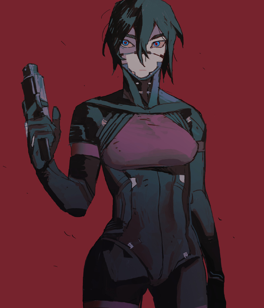 black_hair blue_eyes closed_mouth cowboy_shot cyborg elster_(signalis) female gun hair_between_eyes hand_up hashtag-only_commentary highres holding holding_gun holding_weapon looking_at_viewer multicolored_eyes red_background red_eyes short_hair signalis simple_background solo standing weapon yulei_yuuuuu