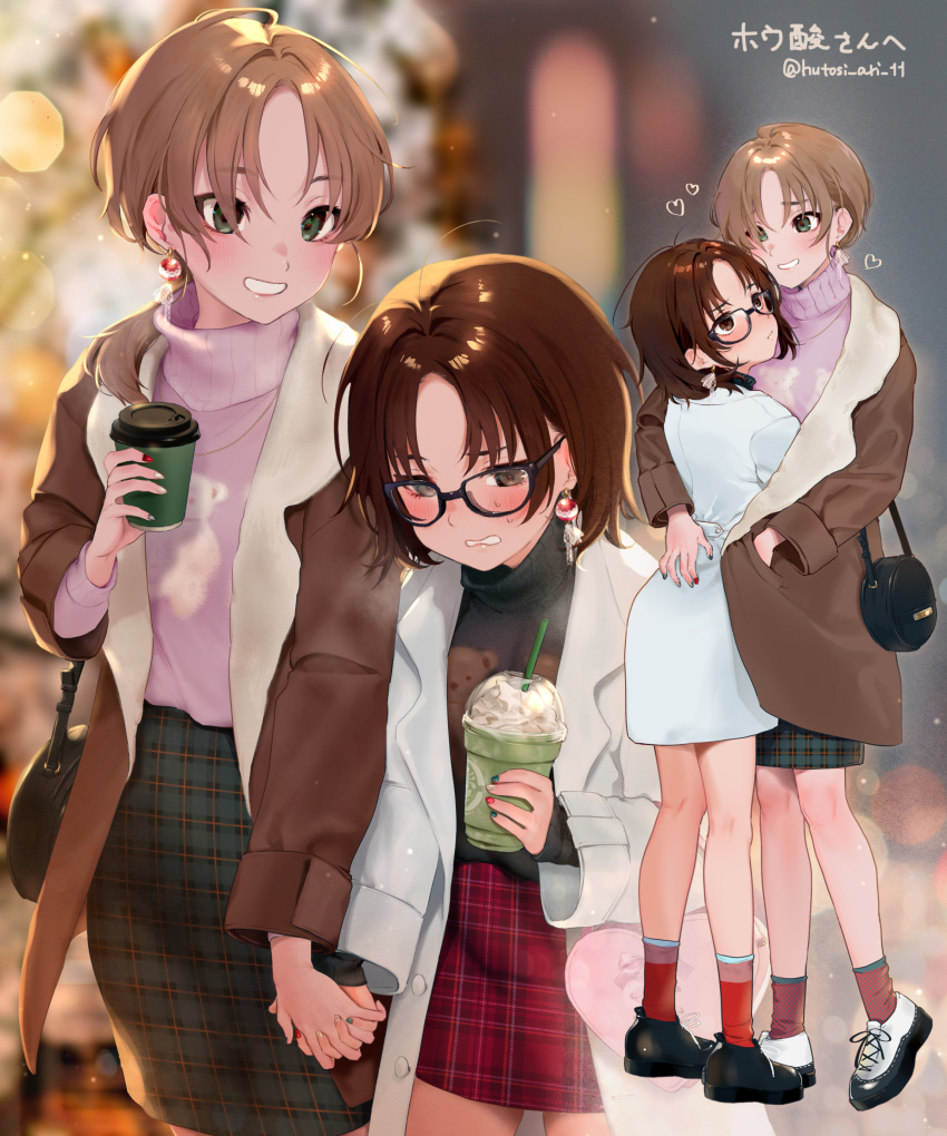 2girls absurdres antenna_hair bag blurry blurry_background breath brown_eyes brown_hair character_request coat cold commentary_request cup disposable_coffee_cup disposable_cup drinking_straw earrings frappuccino full_body glasses green_eyes grey_sweater grin hand_on_another's_back handbag heart height_difference highres holding holding_cup holding_hands hug interlocked_fingers jewelry jiishiki_kajou_(ukagaka) lab_coat light_brown_hair long_sleeves medium_hair multiple_girls nail_art nail_polish nikubou_maranoshin pink_sweater plaid plaid_skirt shoes skirt smile socks standing sweater translation_request turtleneck turtleneck_sweater twitter_username ukagaka wavy_mouth yuri