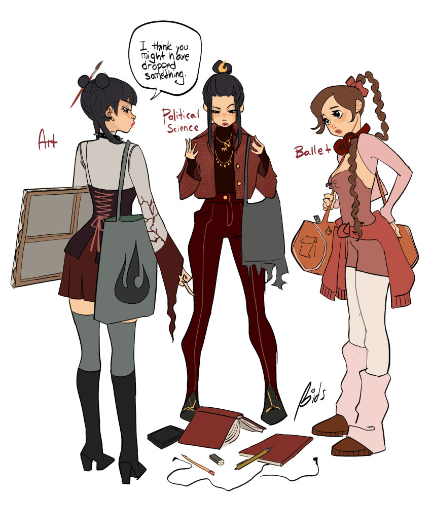 3girls absurdres alternate_costume alternate_universe avatar:_the_last_airbender avatar_legends azula bag bitsbytits black_collar black_eyes black_footwear black_hair blush bodysuit book boots braid braided_ponytail brown_hair casual clothes_around_waist collar contemporary detached_sleeves double_bun dress_pants duffel_bag earbuds earphones english_text eraser fashion from_behind full_body grey_bag grey_thighhighs group_picture hair_bun hair_ornament hands_up headphones headphones_around_neck high_heel_boots high_heels highres holding_painting jacket jacket_around_waist knee_boots kneepits long_hair long_sleeves looking_at_another loose_socks mai_(avatar) medium_hair miniskirt multiple_girls orange_bag paintbrush paintbrush_hair_ornament painting_(object) panties pen pink_bodysuit pink_sleeves pink_socks pleated_skirt pointy_ears red_bodice red_jacket red_lips red_panties red_shirt red_skirt shirt shirt_tucked_in shoes sidelocks simple_background single_hair_bun skirt socks speech_bubble spiked_collar spikes standing talking thighhighs tote_bag turtleneck turtleneck_shirt ty_lee underwear unitard white_background white_shirt white_thighhighs wide_sleeves