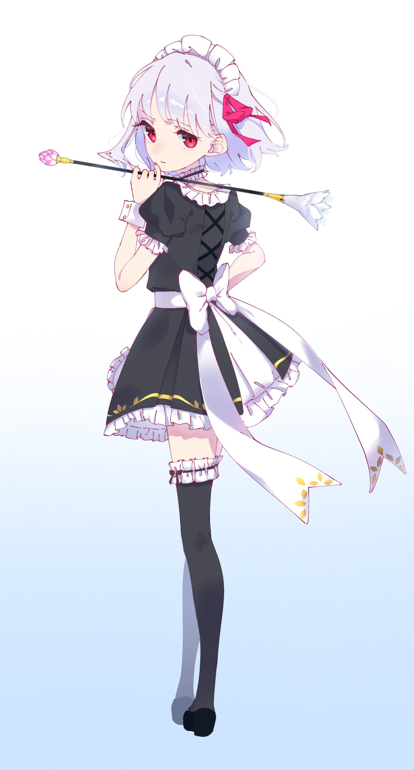 absurdres alternate_costume apron back black_dress black_thighhighs blush breasts choker dress duster enmaided fate/grand_order fate/grand_order_arcade fate_(series) feather_duster female finanshe frilled_choker frills full_body hair_ribbon highres kama_(fate) kama_(mistake)_(fate) looking_at_viewer looking_back maid maid_headdress puffy_short_sleeves puffy_sleeves red_eyes ribbon short_hair short_sleeves small_breasts solo thighhighs waist_apron white_apron white_hair wrist_cuffs