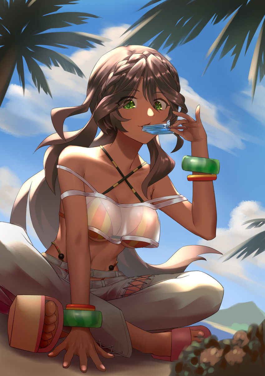 absurdres andromeda_(fate) andromeda_(second_ascension)_(fate) bandeau bare_shoulders beach bikini bikini_under_clothes blue_sky blush bracelet braid breasts brown_hair camisole cleavage criss-cross_halter crop_top cross-laced_clothes crown_braid d-l-l dark-skinned_female dark_skin denim fate/grand_order fate_(series) female food green_eyes grey_pants halterneck highleg highleg_bikini highres indian_style jeans jewelry large_breasts long_hair looking_at_viewer low_ponytail multicolored_bikini multicolored_clothes navel outdoors palm_tree pants popsicle rainbow_bikini sandals see-through sidelocks sitting sky smile solo strap_slip swimsuit tree underboob