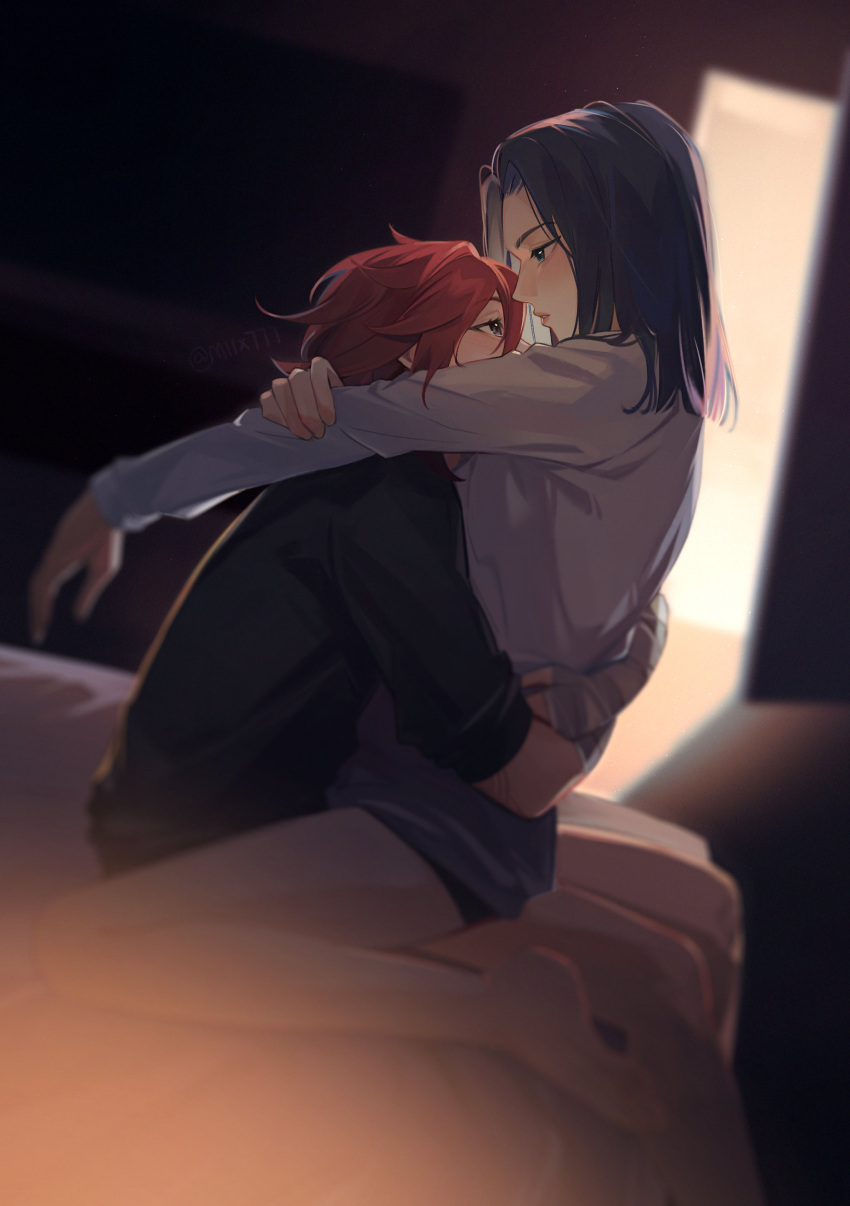 2girls absurdres bare_legs barefoot black_shirt blue_eyes blue_hair blush caitlyn_(league_of_legends) commentary dutch_angle eye_contact highres hug indoors league_of_legends light_particles long_hair long_sleeves looking_at_another miix777 multiple_girls on_bed parted_lips red_hair shirt sitting sitting_on_lap sitting_on_person sleeves_rolled_up vi_(league_of_legends) white_shirt yuri