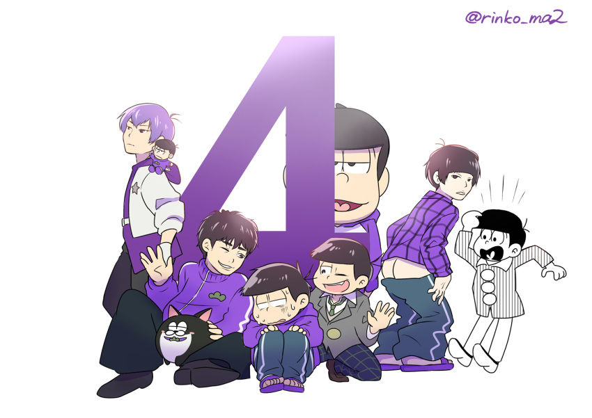 6+boys animalization antenna_hair ass bad_anatomy bad_hands black_hair blanket blazer bowl_cut buttons canine character_doll collared_shirt cosplay f6_(osomatsu-san) fukuyama_jun green_necktie grey_jacket idol idol_clothes jacket lolicon looking_at_another male_focus mascot_costume matsu_symbol matsuno_ichimatsu mooning multiple_boys multiple_persona necktie notice_lines osomatsu-kun osomatsu-san osomatsu-san_on_stage_-_six_men's_show_time osomatsu-san_the_movie osomatsu_(series) peeking_out plaid plaid_jacket raglan_sleeves rinko_ma2 see-through_body shirt smile surprised time_paradox voice_actor waving