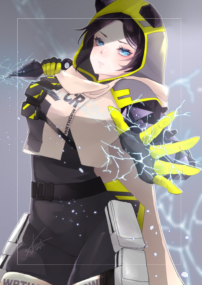 absurdres animal_hood animification anzu_(x_anzu_ill) apex_legends belt black_belt black_bodysuit black_gloves black_hair blue_eyes blush bodysuit border breasts cat_hood cropped_jacket electricity female frown gloves grey_background highres holding holding_knife hood hood_up hooded_jacket hope's_dusk_(apex_legends) jacket knife kunai looking_at_viewer medium_breasts official_alternate_costume open_hand outside_border parted_bangs skirt solo void_prowler_wraith weapon white_border white_jacket white_skirt wraith_(apex_legends)