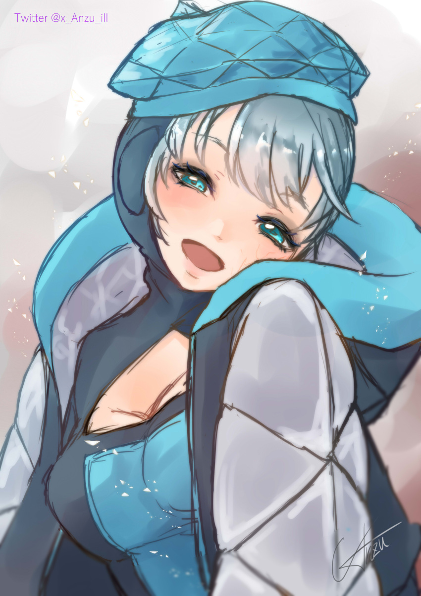 absurdres animification anzu_(x_anzu_ill) apex_legends beret black_bodysuit black_jacket blue_bodysuit blue_eyes blue_hat blush bodysuit breasts cleavage cleavage_cutout clothing_cutout female grey_hair hat haute_drop_wattson highres hood hood_down hood_up hooded_bodysuit jacket looking_at_viewer medium_breasts official_alternate_costume open_mouth signature smile solo twitter_username two-tone_bodysuit wattson_(apex_legends)