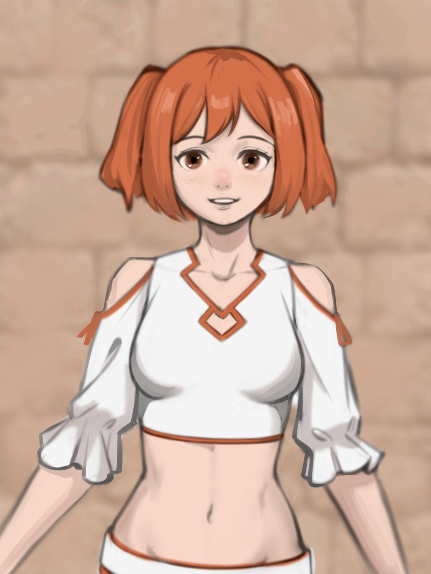 a-pose bare_shoulders belt blurry blurry_background bob_cut breasts brick_wall brown_eyes clothing_cutout collarbone commentary crop_top cropped_shirt depth_of_field female frilled_sleeves frills highres kanne_(sousou_no_frieren) looking_at_viewer medium_breasts midriff navel orange_hair parted_lips shirt short_hair short_sleeves shoulder_cutout smaragdus smile solo sousou_no_frieren standing straight-on two_side_up upper_body white_belt white_shirt