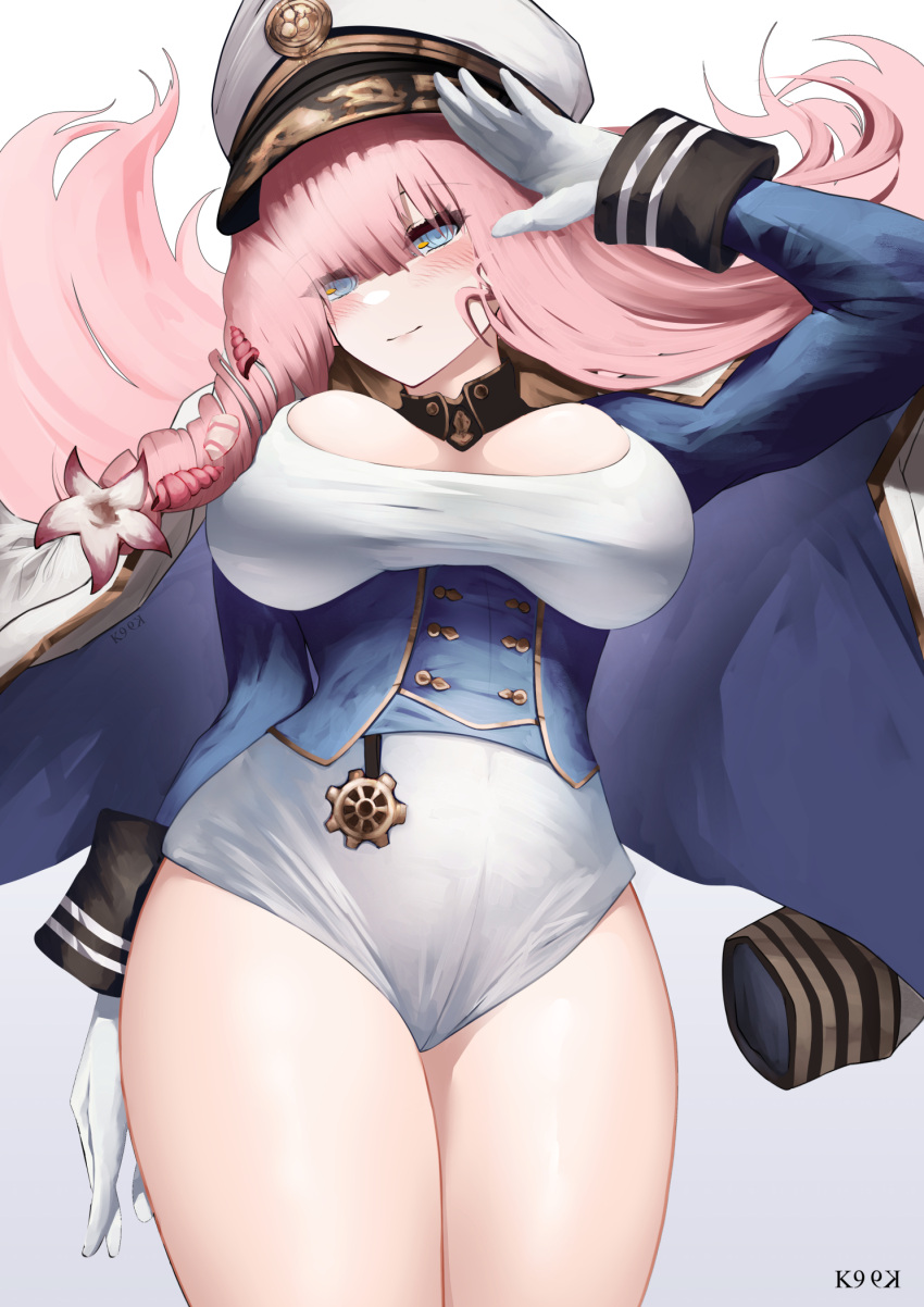 blue_corset blue_eyes blush_stickers breasts brown_dust_2 cleavage corset dress eyebrows_hidden_by_hair feet_out_of_frame female flower gloves hair_between_eyes hair_flower hair_ornament hat highres jacket jacket_on_shoulders kainines large_breasts long_hair looking_at_viewer looking_down military_hat military_jacket pink_hair salute signature simple_background solo sylvia_(brown_dust) thick_thighs thighs underboob very_long_hair white_background white_dress white_gloves