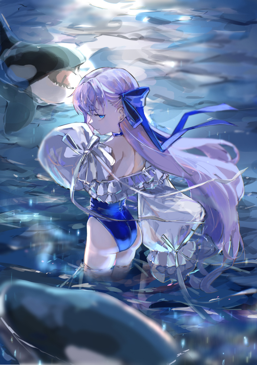 absurdres bare_shoulders blue_choker blue_eyes blue_one-piece_swimsuit blue_ribbon choker fate/grand_order fate_(series) female frilled_one-piece_swimsuit frills hair_ribbon highleg highleg_swimsuit highres long_hair long_sleeves looking_at_viewer meltryllis_(fate) meltryllis_(swimsuit_lancer)_(fate) meltryllis_(swimsuit_lancer)_(second_ascension)_(fate) mochi_upamo off-shoulder_one-piece_swimsuit off_shoulder one-piece_swimsuit orca puffy_sleeves purple_hair ribbon sleeves_past_fingers sleeves_past_wrists solo strapless strapless_one-piece_swimsuit swimsuit very_long_hair