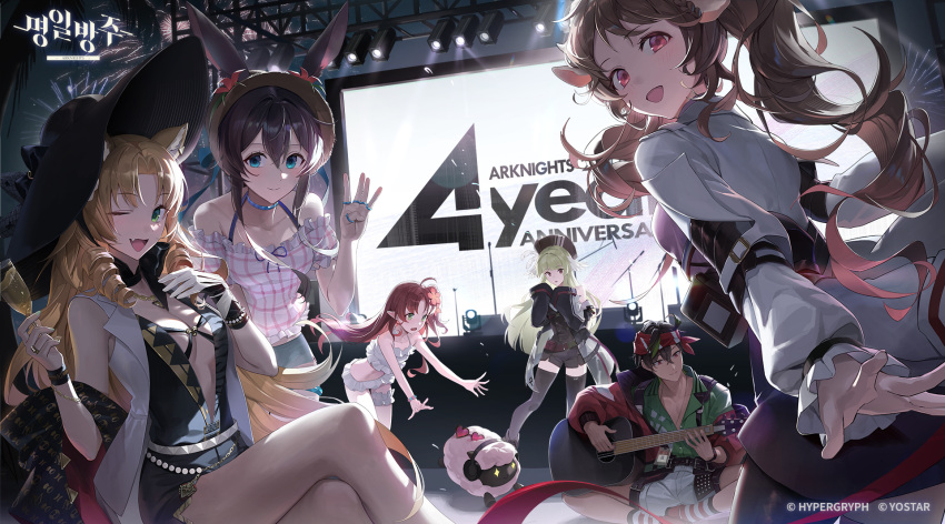 1boy 5girls acoustic_guitar ahoge aimitkkays amiya_(arknights) animal_ears anniversary arknights arm_strap bandana belt_pouch bikini black_hair black_hat black_jacket black_one-piece_swimsuit black_pantyhose black_shorts black_thighhighs blonde_hair blue_eyes blush breasts brown_hair brown_hat bryophyta_(arknights) center_opening cleavage closed_mouth crossed_legs cup drill_hair drill_sidelocks drinking_glass ears_through_headwear english_commentary eyjafjalla_(arknights) feet_out_of_frame flower frilled_bikini frilled_shirt frills green_eyes green_hair green_shirt grey_shirt grey_shorts guitar hair_between_eyes hair_flower hair_ornament hat hibiscus highres holding holding_cup holding_guitar holding_instrument indian_style instrument jacket jewelry korean_commentary leaning_forward logo long_hair looking_at_viewer looking_back medium_breasts microphone_stand mixed-language_commentary multiple_girls multiple_rings music myrtle_(arknights) myrtle_(summer_flowers)_(arknights) neck_ring oerba_yun_fang off-shoulder_shirt off_shoulder official_alternate_costume official_art one-piece_swimsuit open_clothes open_jacket open_mouth pantyhose plaid plaid_shirt playing_instrument pointy_ears poncirus_(arknights) ponytail pouch purple_eyes rabbit_girl red_bandana red_eyes red_hair ring screen sheep_ears sheep_girl shirt short_shorts shorts sidelocks sitting sleeveless sleeveless_jacket smile socks stage stage_lights standing straw_hat striped_clothes striped_socks swimsuit swire_(arknights) swire_the_elegant_wit_(arknights) thighhighs thighlet tiger_ears tiger_girl watermark waving white_bikini white_jacket white_shorts wine_glass wrist_cuffs