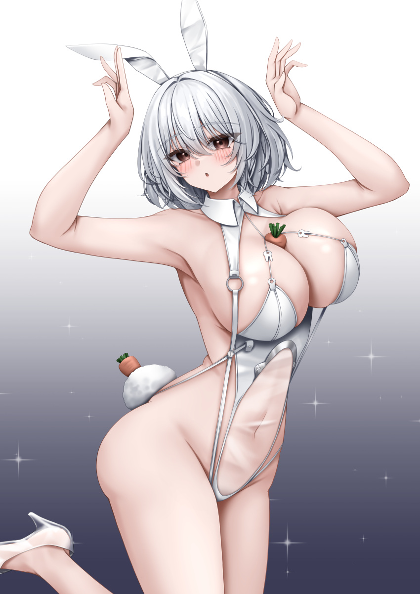 :o absurdres animal_ears arms_up azur_lane bare_arms bare_shoulders between_breasts blush breasts brown_eyes carrot fake_animal_ears fake_tail female gradient_background high_heels highres large_breasts leotard navel official_alternate_costume open_mouth playboy_bunny rabbit_ears rabbit_tail see-through_clothes see-through_leotard short_hair simple_background sirius_(azur_lane) sirius_(rabbit_of_paradise)_(azur_lane) solo tail thighs ueyama_0clock white_hair