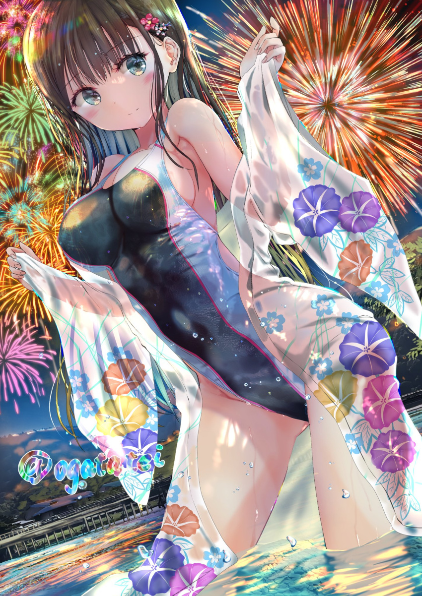 black_eyes black_one-piece_swimsuit commentary_request competition_swimsuit dutch_angle female fireworks floral_print green_eyes hair_ornament hairclip highleg highleg_one-piece_swimsuit highres japanese_clothes kimono long_hair ogata_tei one-piece_swimsuit open_clothes open_kimono original solo standing swimsuit twitter_username two-tone_swimsuit wading water white_kimono yukata