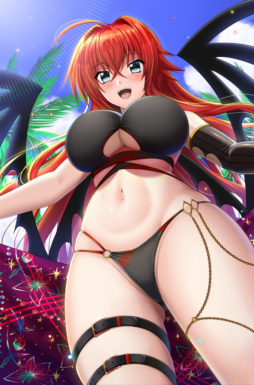 :d absurdres ahoge belt bikini black_bikini black_gloves blue_eyes blue_sky breasts commentary_request crossed_bangs demon_wings elbow_gloves female gloves hair_between_eyes high_school_dxd highres large_breasts long_hair looking_at_viewer navel outdoors palm_tree red_hair rias_gremory shibata_rai single_elbow_glove sky smile solo swimsuit thigh_belt thigh_strap tree underboob wings