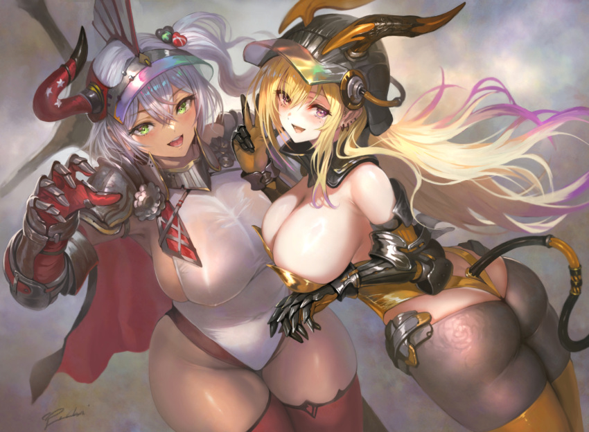 2girls ass bare_shoulders black_pantyhose blonde_hair breasts cape character_request cleavage comiket_104 copyright_request curvy fake_tail gauntlets gloves green_eyes hair_between_eyes helmet highres huge_breasts leotard long_hair looking_at_viewer mole mole_under_eye multiple_girls open_mouth pantyhose plump red_eyes sideboob signature skindentation strapless strapless_leotard tail thick_thighs thighhighs thighs v very_long_hair wide_hips yellow_gloves yellow_leotard yellow_thighhighs yoshiku_(oden-usagi)